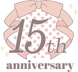 ガーリーなリボンとドットのアニバーサリーエンブレムロゴ・15周年