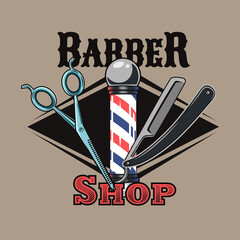 Retro badge for modern barbershop vector illustration. Colorful label with pole, scissors and shaving razor. Fashion and elegant style concept can be used for retro template
