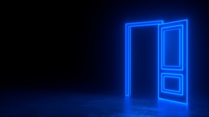 Abstract open door to universe. Cyberpunk neon door background concept. Blue neon. Abstract neon shapes hologram led laser door. Glowing neon frame. Modern 3d graphic concept. 3D rendering