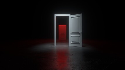 An open white and red door to a dark room with bright light. A light shines over a doorway in a dark room. Abstract dark concrete interior. Fills the space with bright white light. 3D rendering