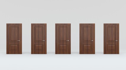 Five closed brown wooden doors isolated on gray background. Creative glamorous minimal style. 3d render