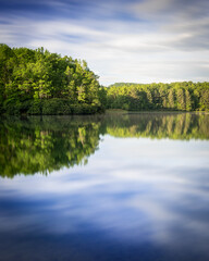 A simple reflection image of Boley Lake in Babcock State Park, West Virginia.