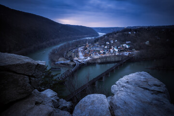 Blue hour at Harpers Ferry where the Shenandoah and Potomac Rivers converge between Maryland, West...
