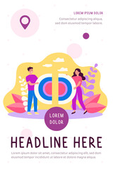 Happy man and woman connecting pieces of puzzle, holding halves of target. Vector illustration for relationships in couple, teamwork, challenge, career, togetherness concepts