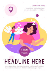 Happy woman lucid dreaming in REM sleep state isolated flat vector illustration. Cartoon character having supernatural experience when soul left body. Physiological condition and dream concept