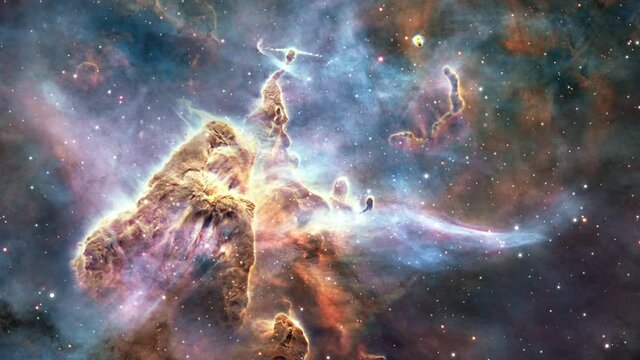 Carina Nebula exploration on deep space. 4K Flight Into A pillar of gas in the Carina Nebula, is bathed in the light of hot, massive stars. Elements furnished by NASA image. 3D animation space flight.