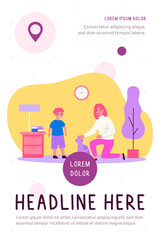 Friendly mom petting cat while talking to little son. Mother, kid and pet at home flat vector illustration. Domestic animals, parenthood, family concept for banner, website design or landing web page