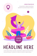 Happy man increasing career flat vector illustration. Cartoon positive character in suit with upward twisting or spiral arrow. Education and knowledge evolution concept