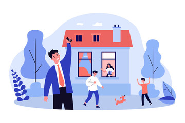 Happy family having fun in new house. Dog, boy, key flat vector illustration. Accommodation and mortgage concept for banner, website design or landing web page