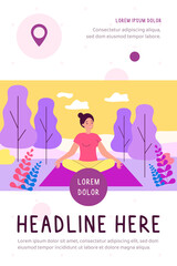 Happy woman sitting in lotus pose on nature flat vector illustration. Cartoon character doing yoga in forest for balance in daily lifestyle. Physical health treatment and fitness concept