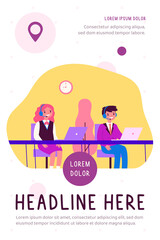 Happy children studying in computer class. Laptop, headset, IT flat vector illustration. Education and digital technology concept for banner, website design or landing web page
