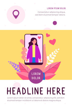Male hand holding smartphone with woman photo. Love, heart, phone flat vector illustration. Social media and digital technology concept for banner, website design or landing web page