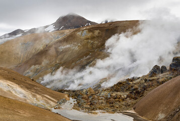 Landscape in the geothermal area of Hveradalir in the mountains of Kerlingarfjoll in the highlands of Iceland.