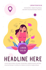 Nervous woman with mental problem feeling anxiety isolated flat vector illustration. Cartoon character having headache and touching head surrounded by thinks. Neurosis and depression concept