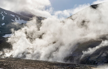 Landscape in the geothermal area of Hveradalir in the mountains of Kerlingarfjoll in the highlands of Iceland.