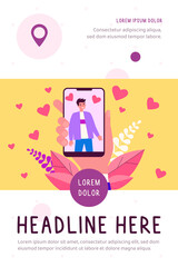 Hand holding smartphone with man photo. Like, heart, cellphone flat vector illustration. Social media and digital technology concept for banner, website design or landing web page