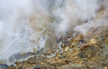 Landscape in the geothermal area of Hveradalir in the mountains of Kerlingarfjoll in the highlands of Iceland.