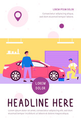 Mechanic examining and repairing red car. Worker in overall with spanner in garage flat vector illustration. Transport, maintenance, service concept for banner, website design or landing web page