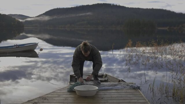 Man Puts The Catch Fish Into The Basin From Fishing Net On The Wooden Jetty. wide shot. Norway
