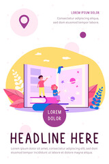 Tiny kids exploring universe with help of book. Adventure, planet, star flat vector illustration. Reading and education concept for banner, website design or landing web page