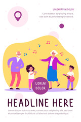 Kids, grandparents and pets having fun. Dog, playing musical instrument, dancing. Flat vector illustration. Family party, unity, generation concept for banner, website design or landing web page