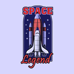 Colored emblem with space shuttle. Colorful design for space legend with stars and spaceship. Universe and galaxy adventure for band stamp, label, sign template