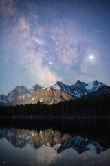 The Milky Way reflecting in Herbert Lake along the Icefields Parkway in Banff National Park, shot with a 45mm lens.