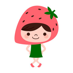 苺のキャラクター。果物のイチゴの被り物をした女の子。