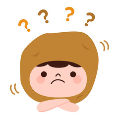 クエスチョンマークのジャガイモのキャラクター。野菜のジャガイモの被り物をした男の子。