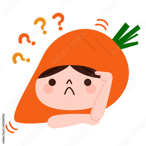 クエスチョンマークの人参のキャラクター 野菜のニンジンの被り物をした男の子 Wall Mural Yukimco