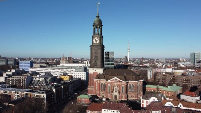 Famous St. Michael s Church called Michel in the city of Hamburg - aerial view
