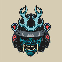 Japanese samurai blue mask. Warrior or fighter traditional armor element, angry face with helmet vector illustration. Military and history concept for symbols and emblems templates