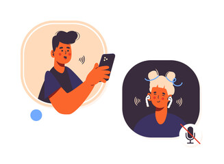 Audio chat conversation in clubhouse app. Voice message in social network. Room with speaker. Wearing headphones and listening to music or podcast. Trendy vector illustration isolated on white.