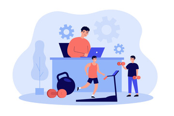Cheerful man working and exercising in fitness-friendly office isolated flat vector illustration. Cartoon l businessman in health-conscious workspace. Healthy lifestyle and sport activity concept