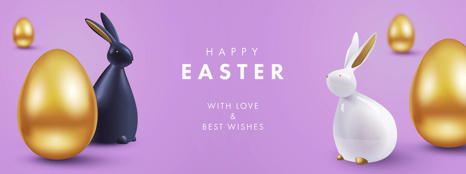Easter banner, card, holiday cover, poster or flyer design in 3d realistic style with golden eggs, white and black rabbit on violet background. Modern design for social media, sale, advertisement, web