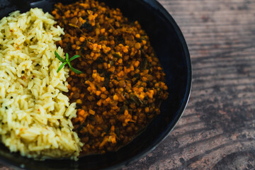 healthy plant-based food,  vegan spinach sweet potato lentil curry with coconut rice