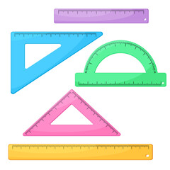 A set of bright vector rulers of different shapes. Protractor, triangular rulers. Flat style illustration isolated on white background.