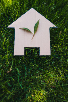 Green Home And Eco-friendly Construction, House Icon On Green Grass Lawn Under The Sun With Two Leaves On Top