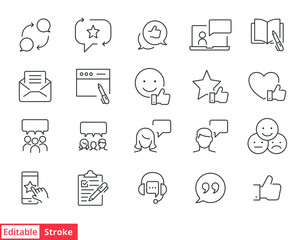 Business and finance web line icon set. Testimonials, customer relationship management or CRM concept. Simple outline style symbol collection. Vector illustration isolated. Editable stroke EPS 10.