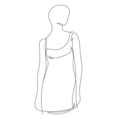 One line woman silhouette in dress. Hand drawn continuous line art of trendy girl. Minimalistic style. 