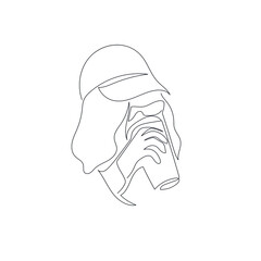 One line Girl drinking coffee from paper cup. Hand drawn vector linear silhouette