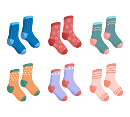 Vector set of vintage socks with different patterns. Illustration isolated on white background
