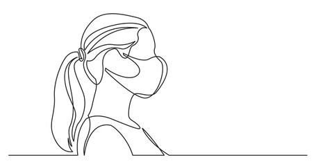 profile portrait of positive young long haired woman - continuous line drawing on white background