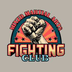 Colored stylish emblem for mixed martial arts. Creative design elements with human fist and text in trendy label. Sport activity or MMA concept for fighting club stamp, label, sign template