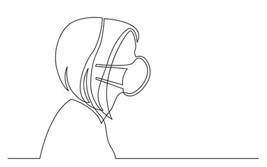 continuous line drawing of isolated on white background profile portrait of woman wearing face mask