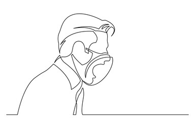 continuous line drawing of isolated on white background profile portrait of angry man wearing face mask