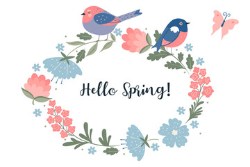 Spring frame with birds and flowers on a white background. Vector graphics.