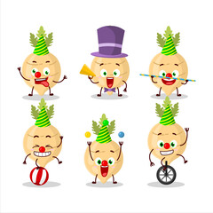 Cartoon character of radish with various circus shows