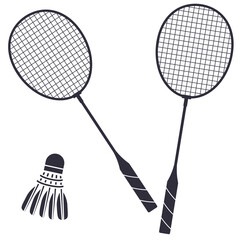 Two badminton rackets and a shuttlecock. Black illustration isolated on white background.