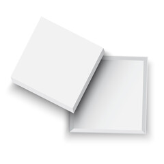 Open white box. Empty open gift box template. Realistic square vector illustration. Stock image.